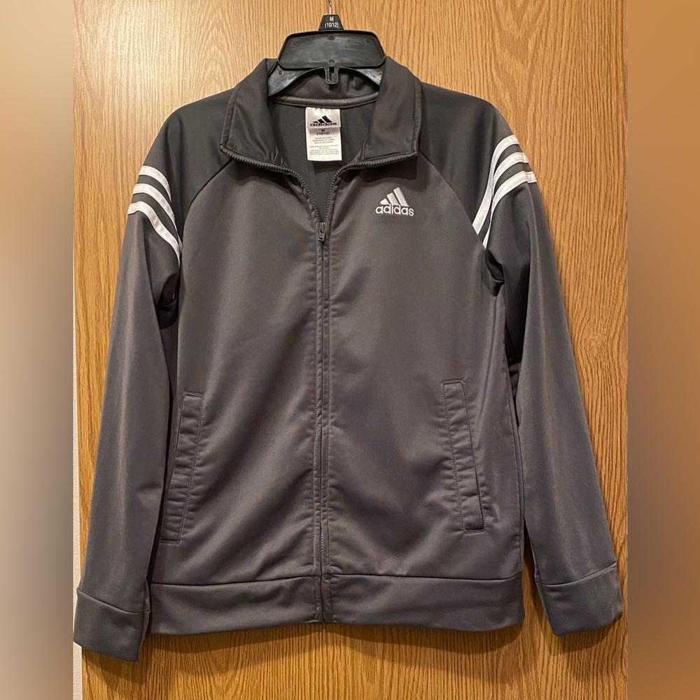 Boys Adidas Lightweight Gray Track Jacket with White Tricot Stripe. Med (10-12)